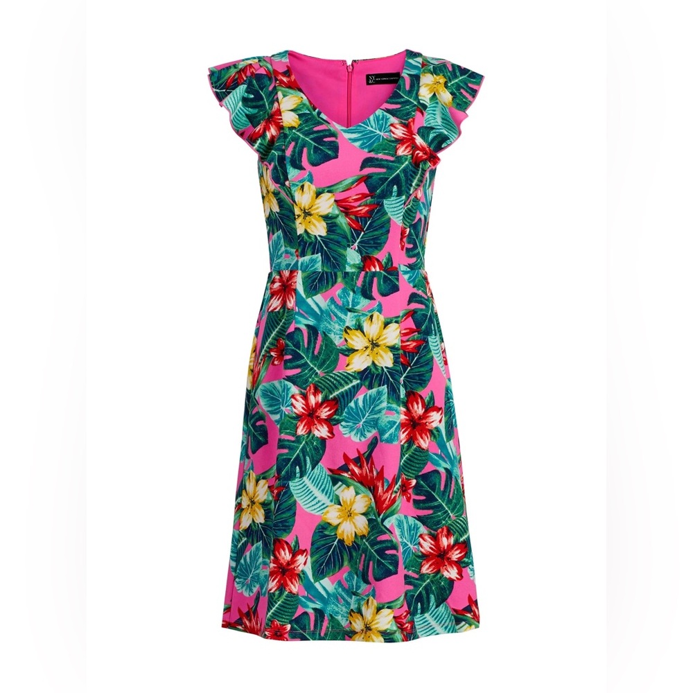 New York & Company Pink Yellow Flutter Sleeve Dress Size M